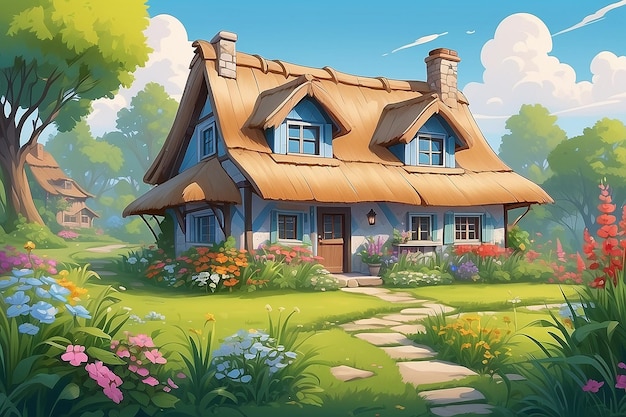 Cottage confortable parmi l'herbe haute Illustration