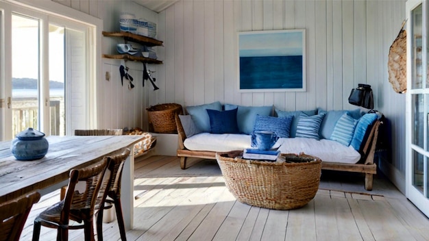 Photo un cottage côtier scandinave salon intérieur avec un canapé et une table avec des oreillers bleus