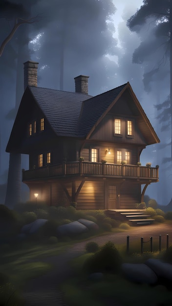 Cottage dans le bois brumeux dessin dessin animé œuvre d'art