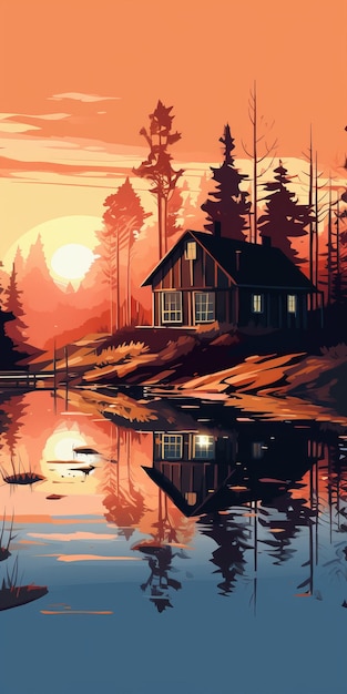 Cottage dans les bois avec vue sur un lac au coucher du soleil