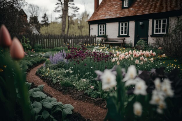 Cottage Garden avec des fleurs Illustration AI Générative