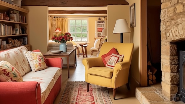 Cottage jaune salon salon design d'intérieur et maison de campagne décoration d'intérieur canapé et meubles de salon intérieurs de style campagne anglaise