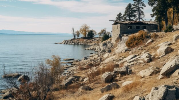 Photo cottage pittoresque sur une falaise surplombant le lac