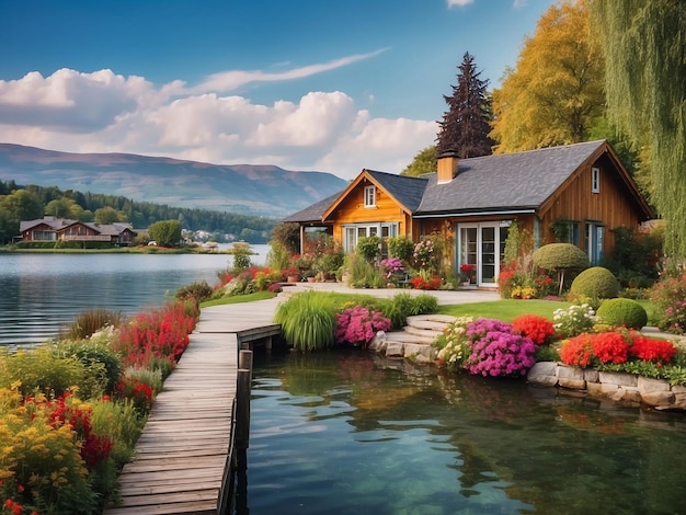 Photo des cottages au jardin coloré avec un quai et un lac en arrière-plan