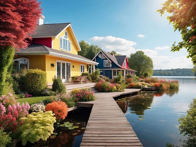 Photo des cottages au jardin coloré avec un quai et un lac en arrière-plan