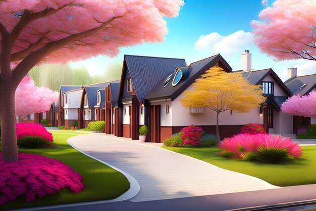 Des cottages modernes à la mode au milieu du parc avec sakura Illustration générée par Aig