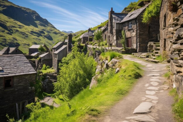 Des cottages de pierre rustiques alignés le long d'un sentier accidenté de montagne
