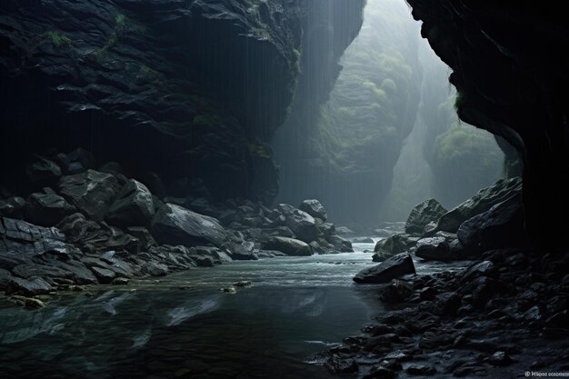 Une couche de brouillard plane sur une rivière souterraine dans une grotte