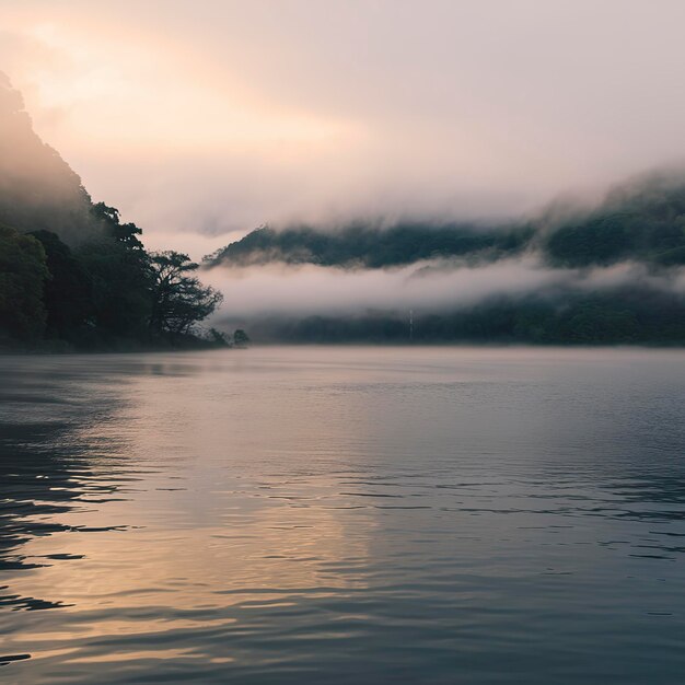 Une couche brumeuse de vapeur du matin coule lentement sur le lac Shagawa.