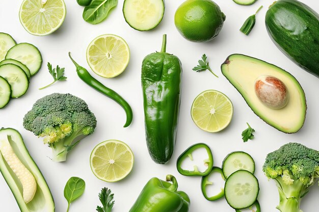 Une couche plate créative de légumes verts sur fond blanc