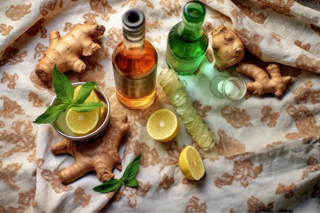 Une couche plate d'ingrédients de ginger ale faits maison sur une couverture créée avec de l'AI générative