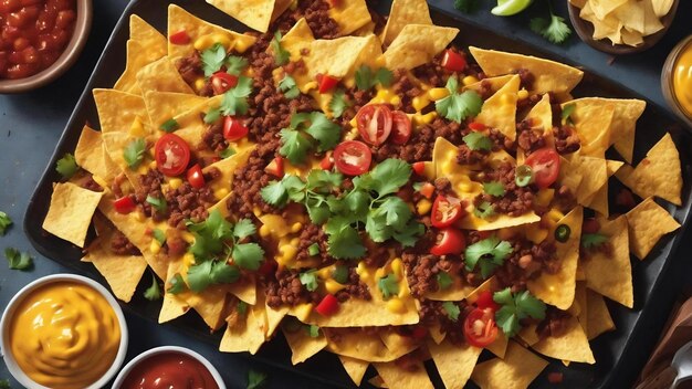 Une couche plate de nachos avec un espace de copie