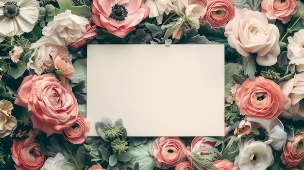 Une couche plate de roses roses, des ranuncules, des fleurs d'anémone avec une carte blanche, un fond floral.