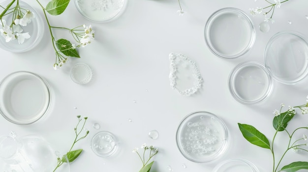 Une couche plate de verres de laboratoire et de plaques de Pétri parmi la verdure fraîche pour la recherche en sciences naturelles