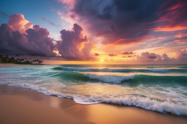 Le coucher du soleil ciel coloré sur la mer plage désertique tropicale pas de gens nuages dramatiques destination de voyage s'éloigner