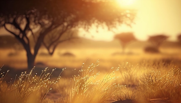 Photo coucher du soleil dans la savane de l'afrique avec des acacias et un champ d'herbe