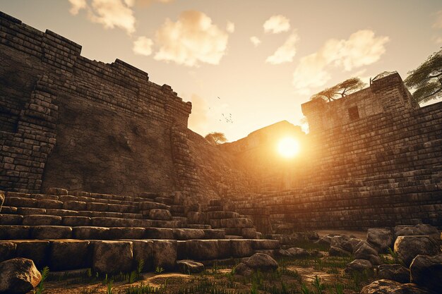 Le coucher du soleil derrière les ruines d'un ancien temple ou d'un château