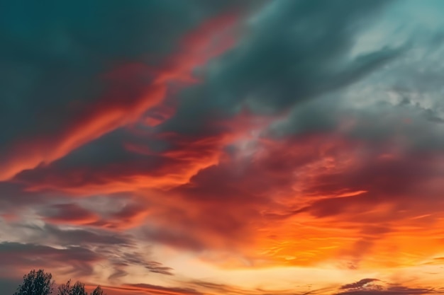 Le coucher du soleil est au-dessus d'un champ dans le style de turbulences colorées turquoise foncé et rouge