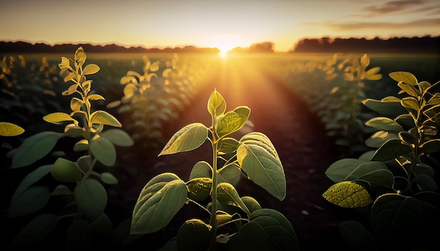 Photo le coucher du soleil illumine la croissance dynamique de la ferme une ia génératrice de beauté botanique