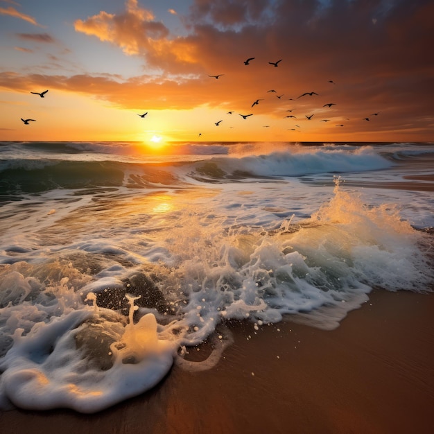 Le coucher du soleil jette une lueur dorée sur les vagues de l'océan qui s'écrasent sur la plage de sable.