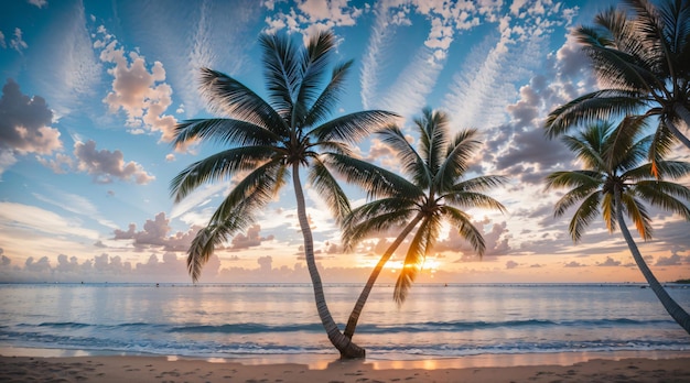 Coucher du soleil à la plage tropicale et au cocotier