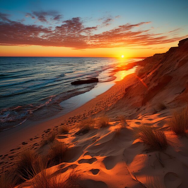 Le coucher du soleil surplombant l'océan et les dunes de sable