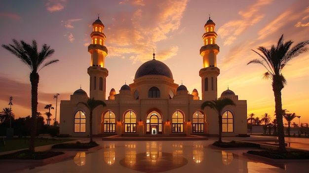 Le coucher ou le lever du soleil au-dessus d'une luxueuse mosquée islamique