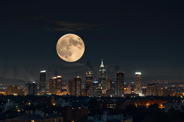 Le coucher de la pleine lune derrière un paysage urbain