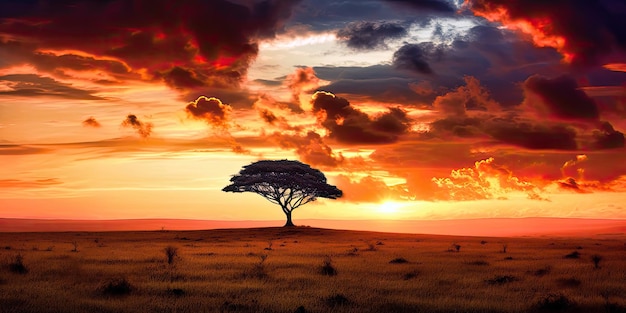 Un coucher de soleil avec un arbre au premier plan