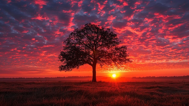 un coucher de soleil avec un arbre et un ciel rouge avec le soleil derrière lui