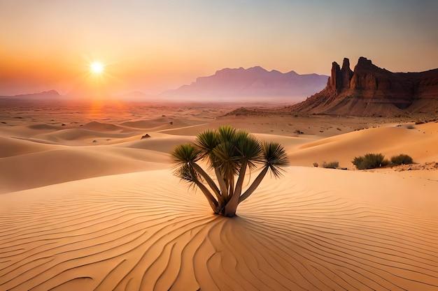 Un coucher de soleil avec un arbre dans le désert