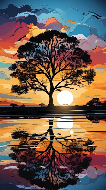 un coucher de soleil avec un arbre et un oiseau sur l'eau