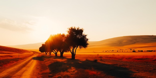 Un coucher de soleil avec des arbres au premier plan et des montagnes en arrière-plan.