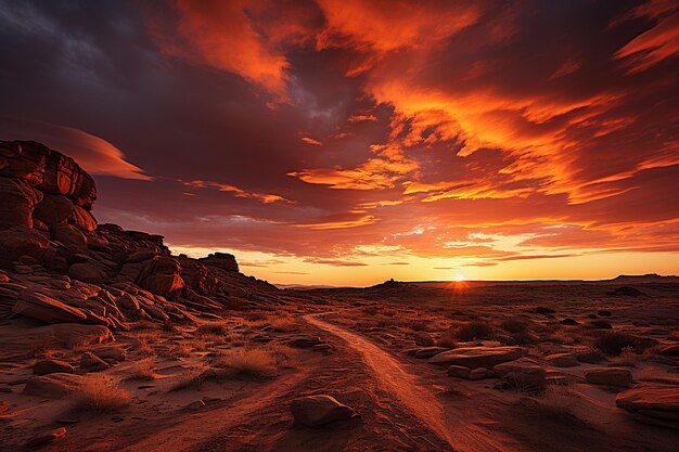 Le coucher de soleil ardent sur le désert