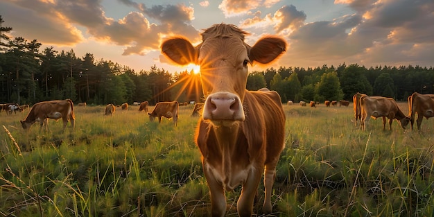 Le coucher de soleil atmosphérique, les vaches au pâturage dans la chaleur et la tranquillité, le concept, la photographie au coucher du soleil, les scènes de la nature, le bétail, la vie rurale, l'atmosphère sereine.