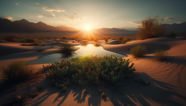 Photo le coucher de soleil au-dessus de la chaîne de montagnes reflétant l'eau tranquille générée par l'intelligence artificielle