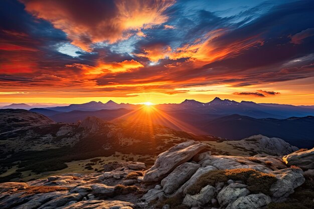 Photo un coucher de soleil au-dessus d'une chaîne de montagnes