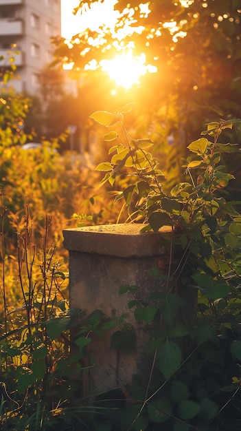 un coucher de soleil au-dessus d'un jardin avec un couché de soleil derrière les plantes