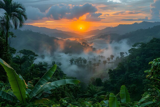 Le coucher de soleil au-dessus des montagnes de la jungle AI générative