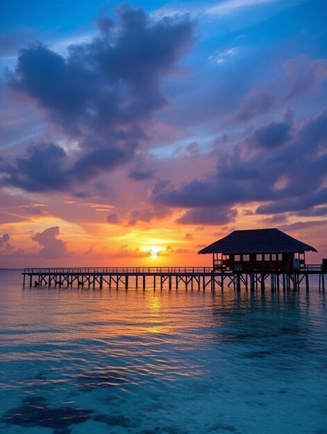 coucher de soleil au-dessus de l'océan avec une jetée et une cabane au loin