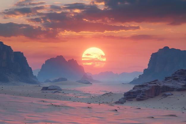 un coucher de soleil au-dessus d'une plage avec un soleil couchant au loin