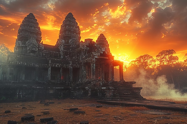 un coucher de soleil au-dessus d'un temple avec un couché de soleil en arrière-plan