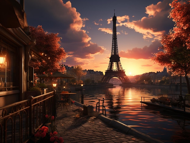 coucher de soleil au-dessus de la tour Eiffel à Paris génératif ai