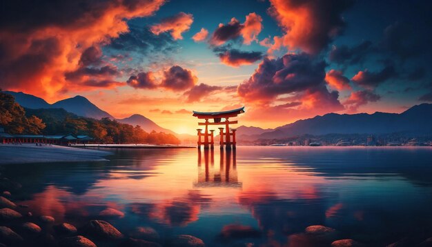 Photo le coucher de soleil au sanctuaire d'itsukushima