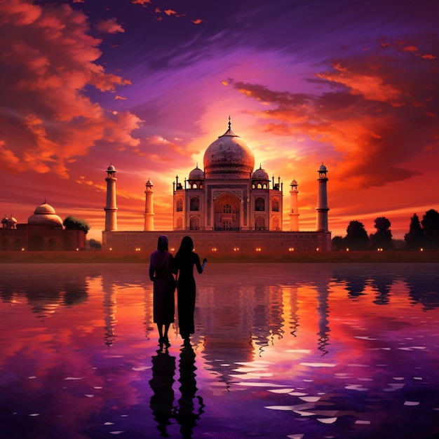 Le coucher de soleil au Taj Mahal