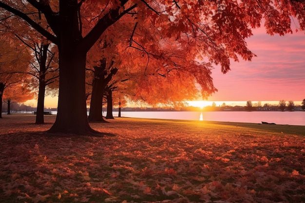 Le coucher de soleil d'automne Des arbres vibrants contre un ciel spectaculaire