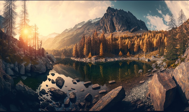 Coucher de soleil d'automne sur la forêt de pins et la côte rocheuse dans les montagnes de l'Altaï