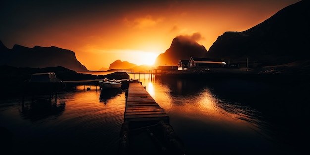 Un coucher de soleil sur une baie avec des montagnes en arrière-plan