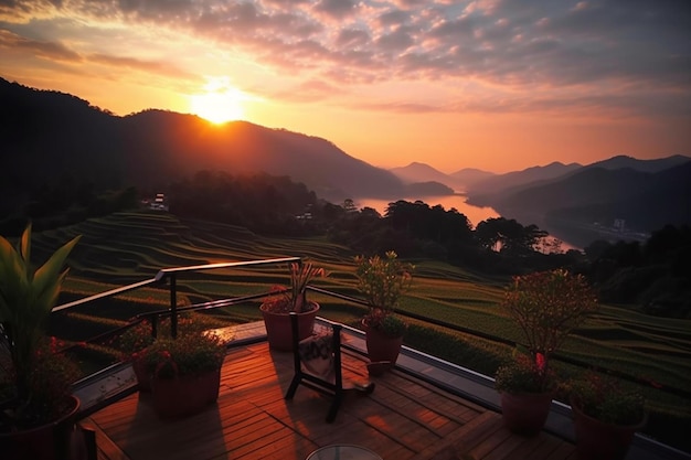 Un coucher de soleil sur un balcon avec une chaise et une vue sur les montagnes.