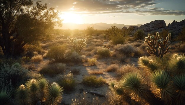 Photo coucher de soleil sur la beauté naturelle de la montagne dans un paysage tranquille généré par l'intelligence artificielle